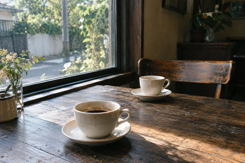 窓際の木のテーブルに、二人分のコーヒーカップ。向かいの椅子には誰も座っていない
