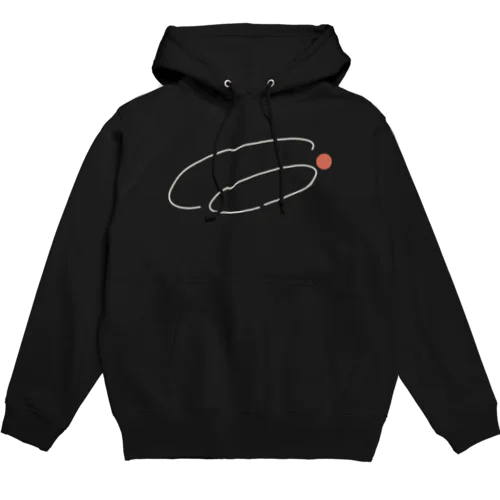 Hoodie hitam dengan garis orbit terang dan titik merah di dada