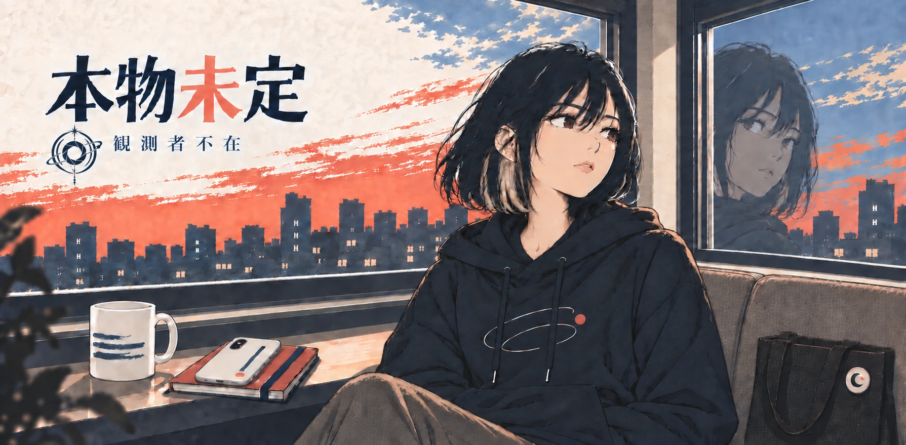 本物未定 — 夕暮れの窓辺にいる人物と、窓に映るもうひとり